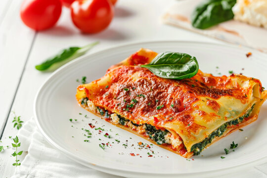 Delicious Spinach Ricotta Cannelloni on White Plate, Perfectly Composed Gen AI