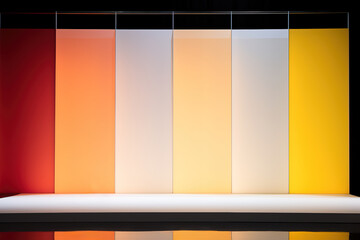 A series of colorful panels are displayed on a stage, creating a vibrant and lively atmosphere