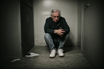 A scared and battered man sitting alone in a dark and oppressive cell, reflecting the despair of domestic violence
