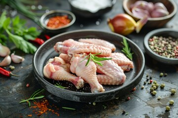 Fresh raw chicken pieces arranged in a bowl surrounded by assorted spices and herbs on a dark rustic table background
