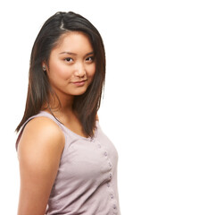 Happy, asian woman and portrait with fashion for natural beauty or haircare on a white studio background. Face of attractive female person or young model with smile in casual clothing on mockup space
