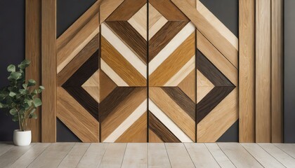 interior of a house.a contemporary partition wall using modular wooden panels arranged in a geometric pattern, providing visual interest and texture to the space. Choose a light wood finish for a Scan