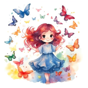 Watercolor butterflies with rainbow chibi style