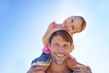 Portrait, man and shoulder to carry girl for family, game and bonding together on summer day. Blue...