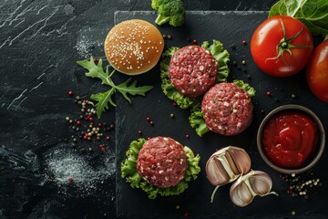 Obraz na płótnie Canvas Top view of raw meatballs, burger ingredients like lettuce, tomatoes, onion, ketchup, sesame buns on a black stone background for a commercial food photo