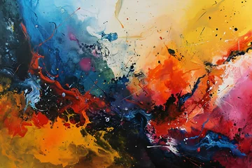 Gordijnen Abstract watercolor background with orange, red and blue paint splashes © Harmonic