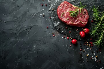 A raw rib eye steak with pepper and a sprig of rosemary placed on a black dark stone table background