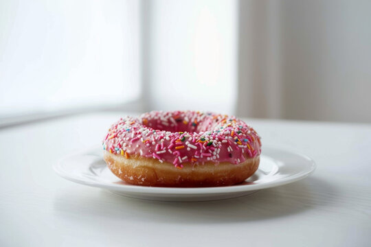Delicious Strawberry Frosted Donut with Sprinkles on White Plate Gen AI