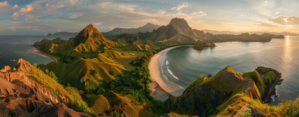 panoramic view of the beautiful island in Indonesia, panorama photo of Padar Island with lush green mountain and white sandy beaches in sunset light, view from above