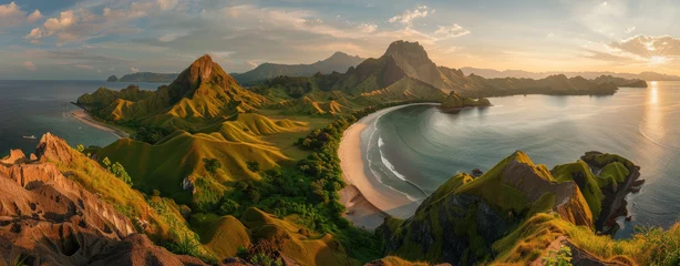 Fototapeten panoramic view of the beautiful island in Indonesia, panorama photo of Padar Island with lush green mountain and white sandy beaches in sunset light, view from above © Kien