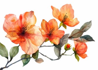 Elegant watercolor illustration of orange blooms with delicate petals and lush leaves, artistically rendered on a pristine white background.