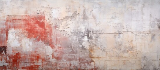 A close up of a rectangular gray and red brick wall with a painting hanging on it. The art piece has a vibrant magenta and peach color scheme