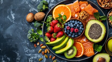 A well-arranged platter contains slices of fresh salmon, and vibrant mixed fruits including oranges, strawberries, and blueberries, alongside slices of avocado and a scattering of almonds and walnut