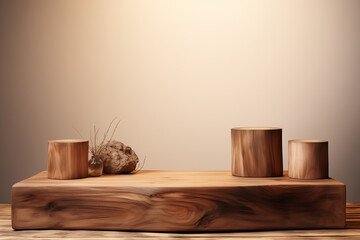 Rustic wood pieces podium. Background for perfume, jewellery and cosmetic products. Front view