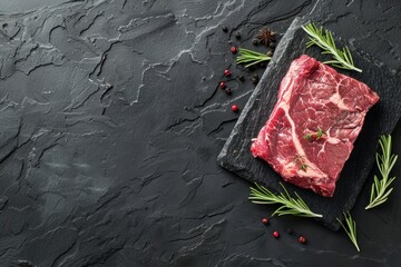Piece of steak served on a slate board, garnished with fresh rosemary sprigs