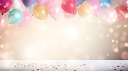 Birthday celebration card with balloons, empty blank copy space. Festive banner background display. 