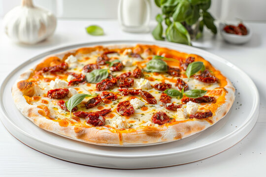 Gourmet Sun-Dried Tomato & Goat Cheese Pizza on White Plate Gen AI