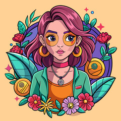 Obraz na płótnie Canvas Sticker of showcasing a fashionable girl surrounded by floral motifs and stylish accessories, ideal for elevating the appeal of t-shirt graphics