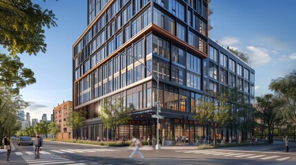 Obraz premium A tall building with numerous windows stands proudly on the corner,