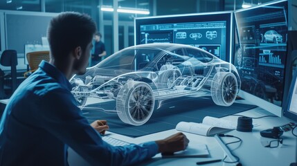 A man, wearing glasses, is working at a table in a building, designing a car using a computer. He focuses on the car's hood and automotive tires, making precise gestures for automotive lighting. AIG41 - 759502588