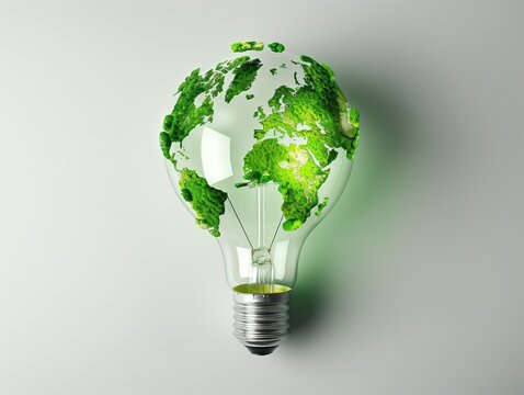 Illuminating Sustainability, A conceptual image showcasing a light bulb in the shape of the Earth, with green continents, symbolizing the idea of eco-friendly energy and the global commitment