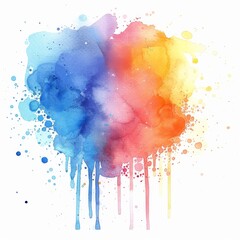A mesmerizing watercolor splash featuring a spectrum of cool blue to warm yellow tones, embellished with whimsical droplets on a pure white canvas.