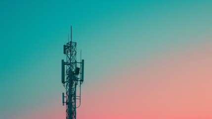 A tall tower featuring a cell phone antenna on its top against a clear sky - obrazy, fototapety, plakaty