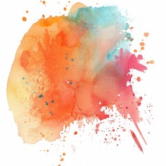 Vibrant watercolor stain blending orange, red, and blue hues with splatter details, perfect for creative backgrounds or textures.