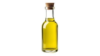 A glass bottle of olive oil on a white background
