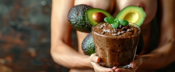 Avocado and cacao smoothie on a white table and a white wall in the background, Background HD For Designer