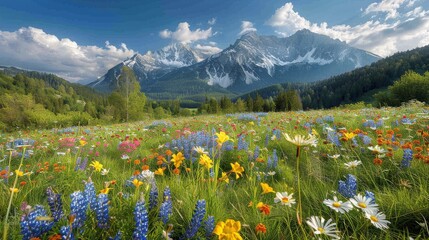 Field of Wildflowers With Mountains in Background