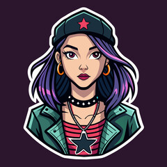 Sticker design capturing the essence of street style fashion with a beautiful girl wearing edgy attire, suitable for enhancing t-shirt visuals