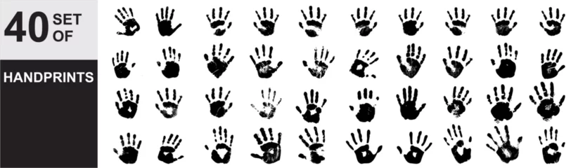 Foto op Plexiglas set of hand print silhouettes handprint of child isolated on white background for art, childhood, fun, happy, infant, symbol, kid, identity, education, school, little or young © Xharites