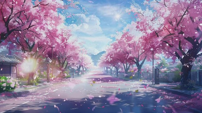 Asphalt road between cherry trees, street with blossom cherry trees in the countryside. Cartoon painting illustration style. Seamless looping animated. Generative AI