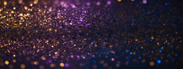 Background of Abstract Glitter Lights in Amethyst, Bronze, and Navy. Defocused Banner.