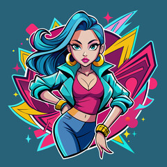 Sticker portraying a stylish Beautiful girl in a dynamic pose, with graffiti-inspired elements and bold graphics