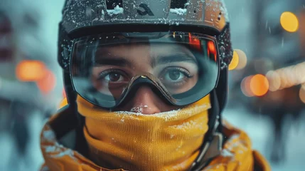 Fotobehang Man Wearing Helmet and Goggles in the Snow © yganko