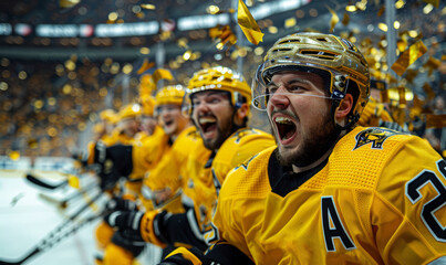 Professional ice hockey player celebrating the league win, wearing gold helmet - Inside a big arena...