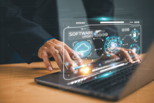 Update software system concept. Upgrade installation business app and software update process on computer laptop. User download install data function technology. New version security system release.
