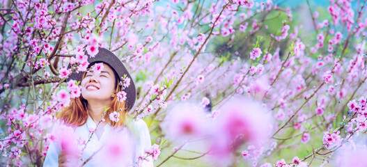 woman asian travel nature. Travel relax. photographed in a flower garden. - 759505528