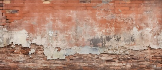 A close up of a brown brick wall with peeling paint, showcasing an intricate pattern of rectangular shapes. The natural landscape art of weathered wood flooring adds to the rustic charm