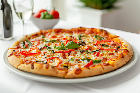 Delicious Veggie Supreme Pizza on White Plate Gen AI