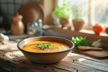 Homemade Pumpkin Soup in a Rustic Kitchen Setting with Natural Light