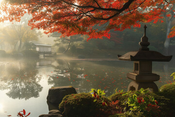 Serene Japanese Garden with Stone Lantern and Mist over the Pond in Autumn