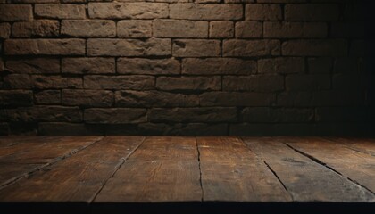 Old wood table with blurred concrete block wall in dark room background. - obrazy, fototapety, plakaty
