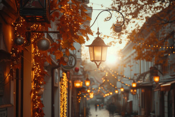 Fototapeta na wymiar Golden Sunset on a Charming Street Adorned with Autumn Leaves and Lanterns