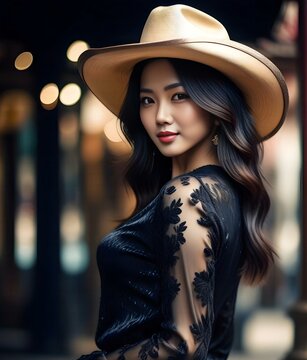 Portrait of a beautiful asian woman wearing hat and black dress