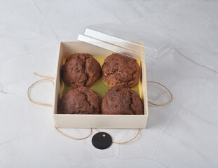 gourmet freshly bake golden Texas sweet chocolate chip honey biscuit cake scone milk butter bread in square bento wood box on white marble table rose gold fork knife pastry halal dessert vegan menu