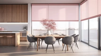 Fototapeten Gray roman shades and a pink curtain on big, glass windows in a modern kitchen and dining room interior with a wooden table and white chairs © Faheem
