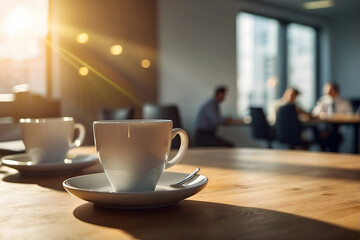 Fototapeta premium Two coffee cups sitting on a wooden table